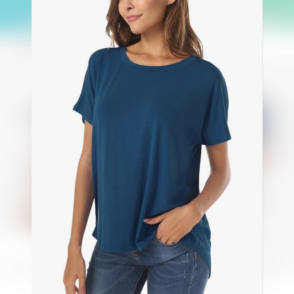 Herou Women's Short Sleeve High Low Loose Blue Casual Top Size L